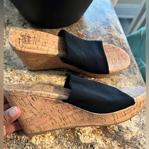 Faded Glory Black Fabric Cork Wedge Slide Sandals